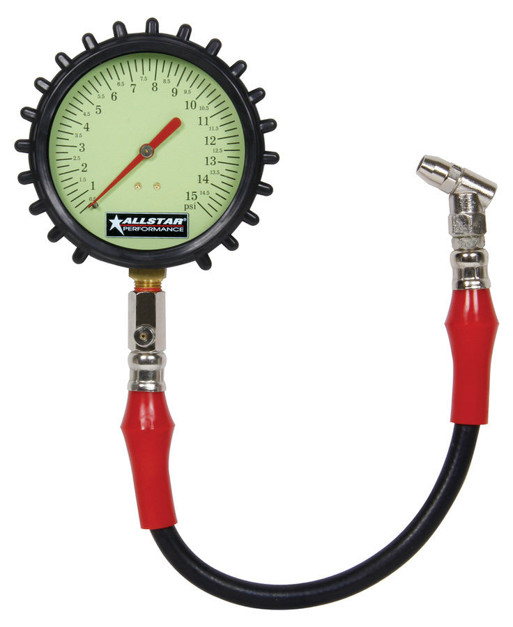 Allstar Performance Tire Pressure Gauge 0-15 PSI 4" Dial Glow-In-Dark 44046